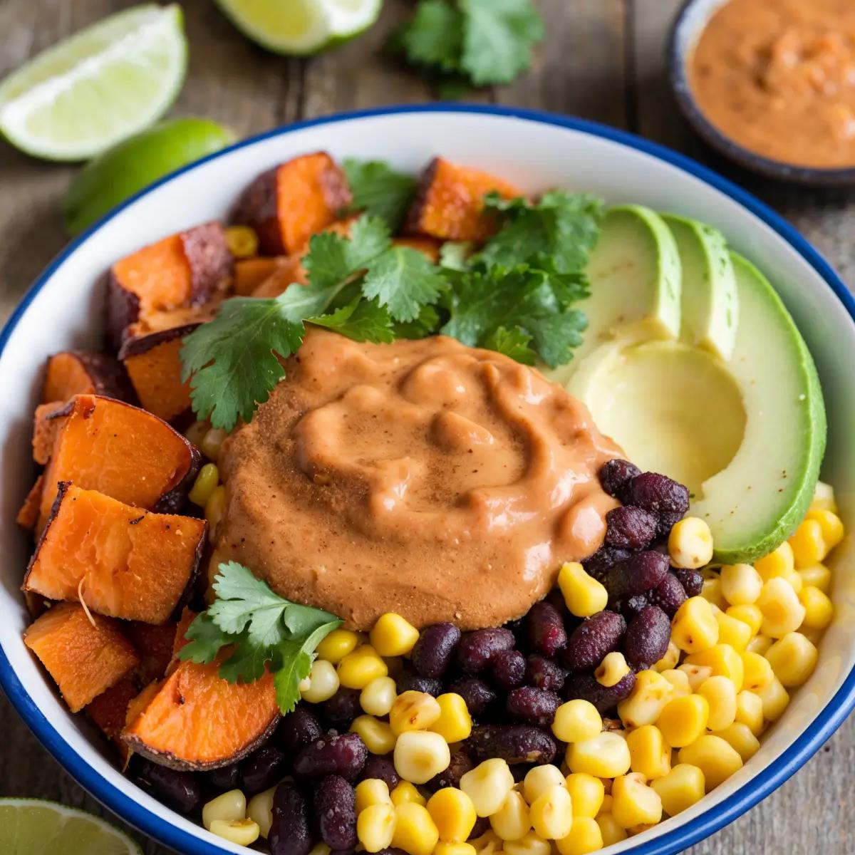 Roasted veggie bowl with quinoa, black beans, sweet potatoes, and chipotle sauce.
