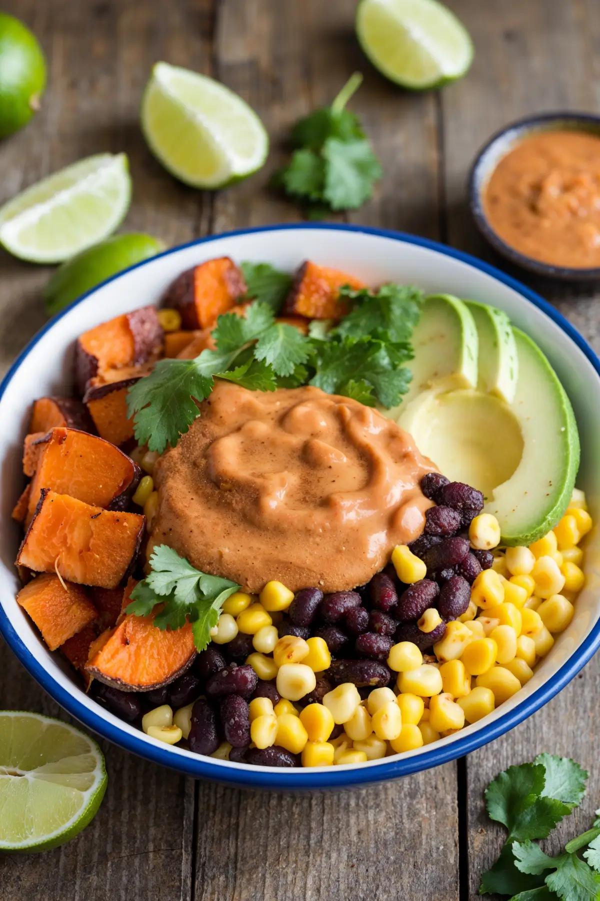 Roasted veggie bowl with quinoa, black beans, sweet potatoes, and chipotle sauce.