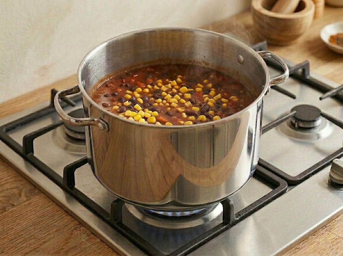 Sweetcorn kernels just stirred into the finished bean and chile broth