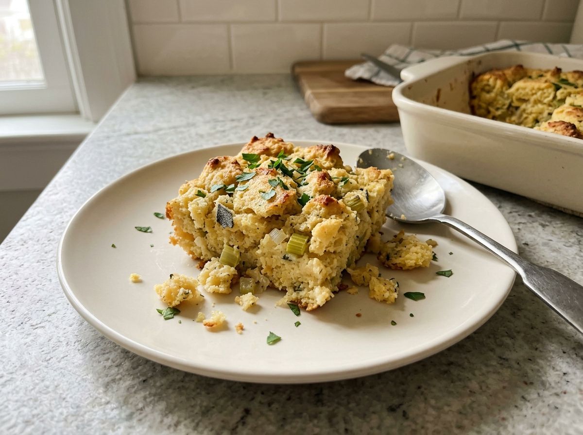A soft scooped spoonful of cornbread dressing slumping on a plate with loose crumbs around it, scattered with parsley.
