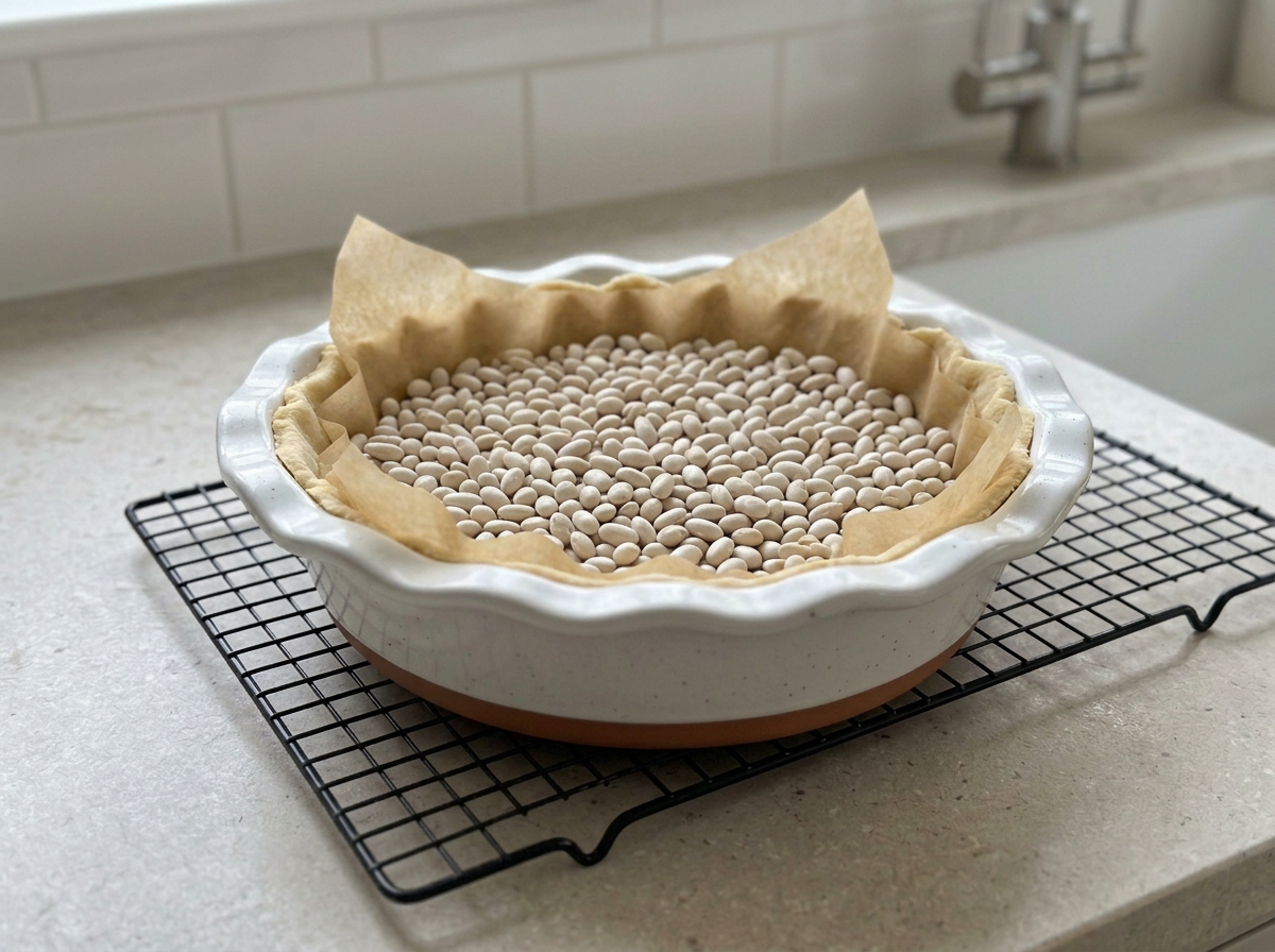 Raw pastry shell lined with parchment and filled with dried beans as pie weights, ready to blind bake.
