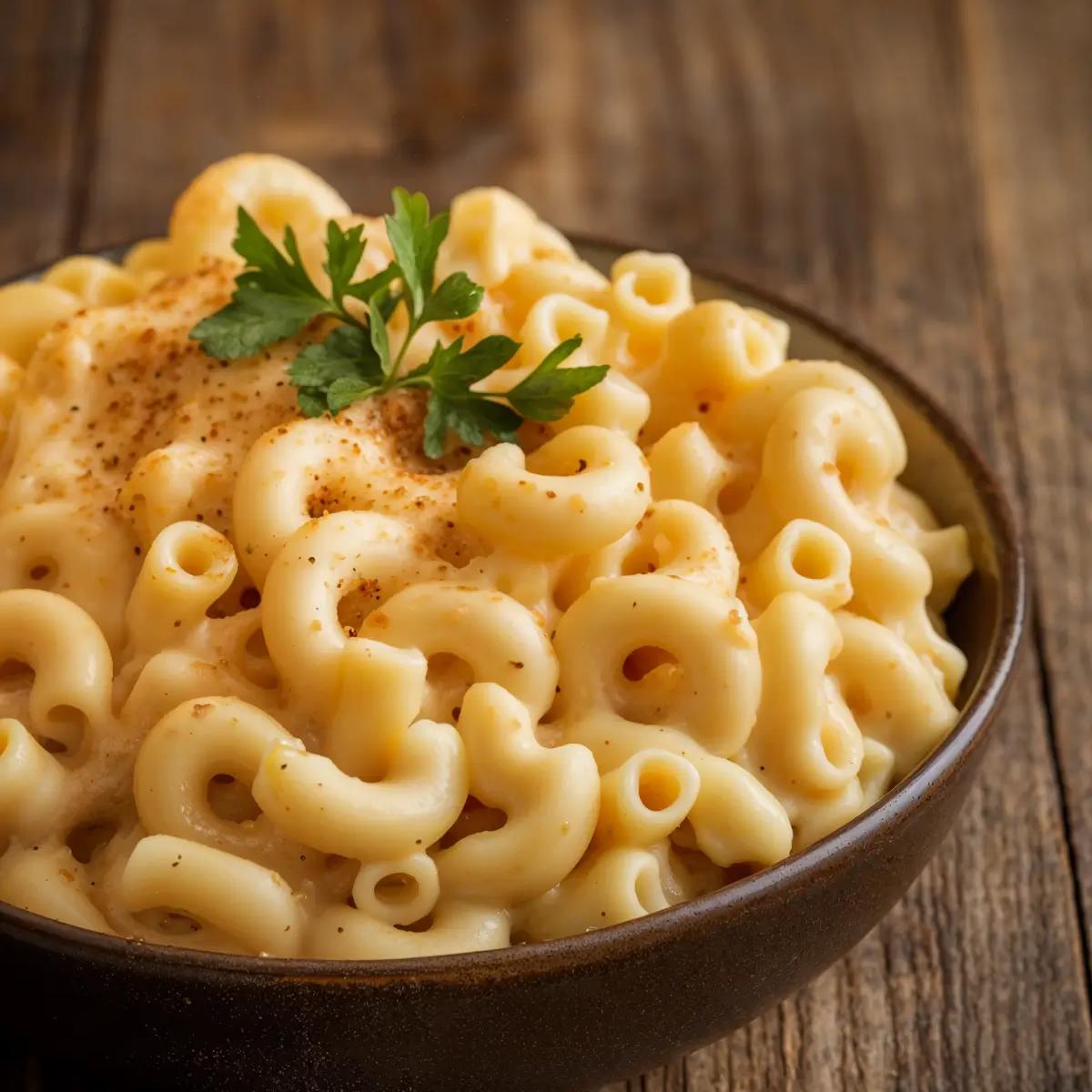 Creamy vegan mac and cheese topped with parsley in a brown bowl.