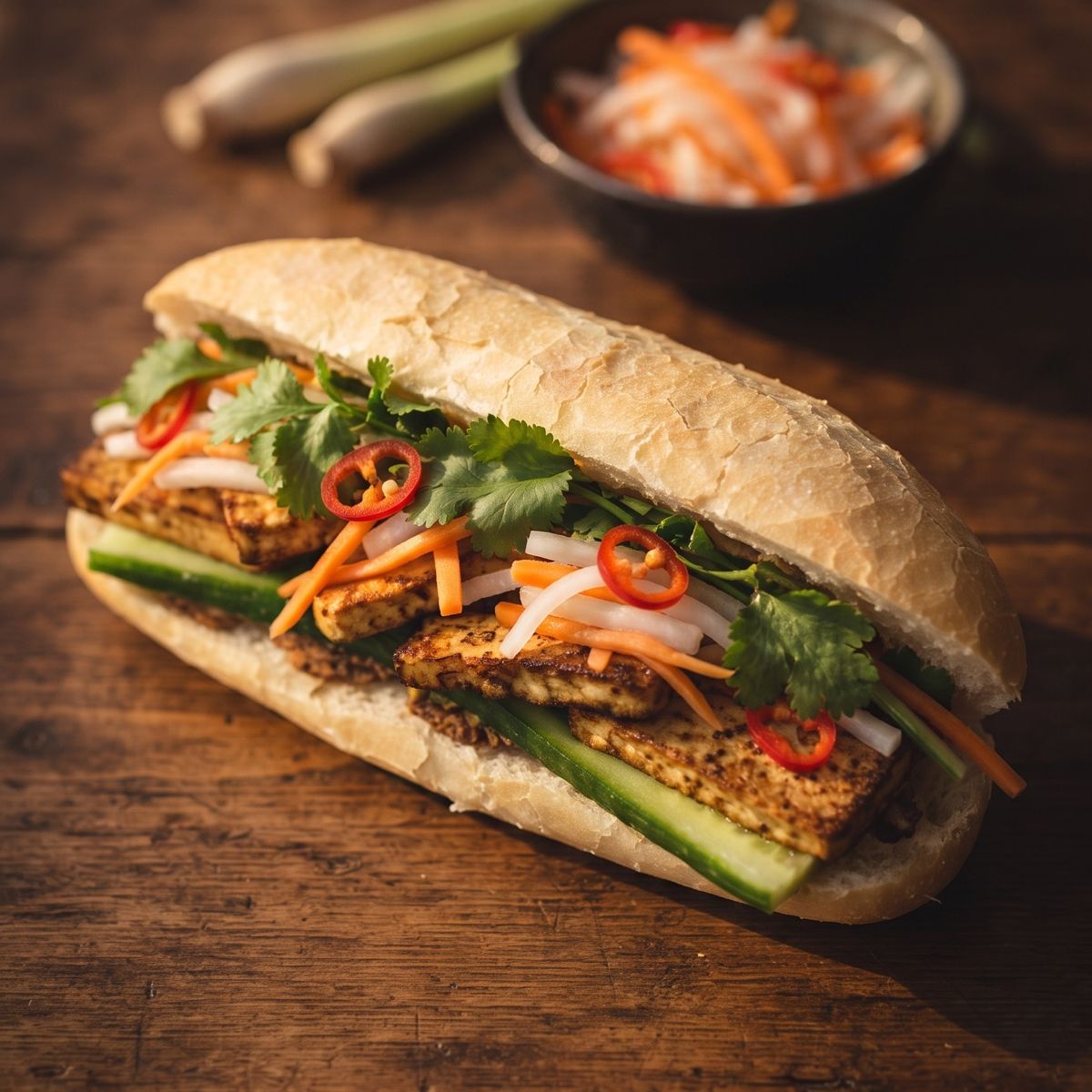A tofu banh mi on a dark wooden table, a slender Vietnamese roll split along one side and filled with golden browned tofu slabs, cucumber spears, pickled carrot and daikon, fresh cilantro and red chile rings.