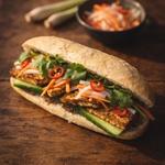 A tofu banh mi on a dark wooden table, a slender Vietnamese roll split along one side and filled with golden browned tofu slabs, cucumber spears, pickled carrot and daikon, fresh cilantro and red chile rings.