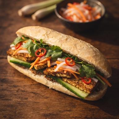 A tofu banh mi on a dark wooden table, a slender Vietnamese roll split along one side and filled with golden browned tofu slabs, cucumber spears, pickled carrot and daikon, fresh cilantro and red chile rings.