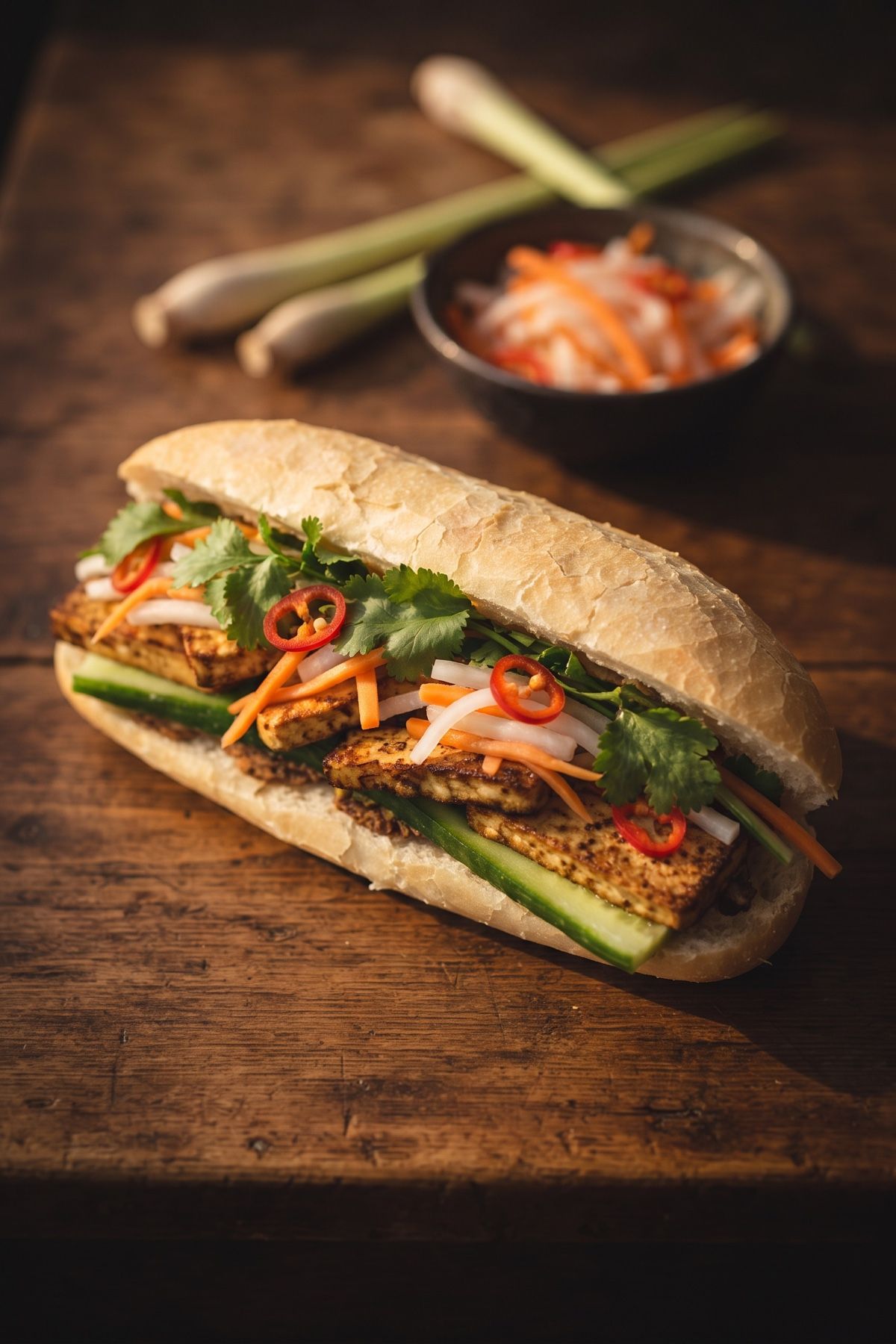 A tofu banh mi on a dark wooden table, a slender Vietnamese roll split along one side and filled with golden browned tofu slabs, cucumber spears, pickled carrot and daikon, fresh cilantro and red chile rings.