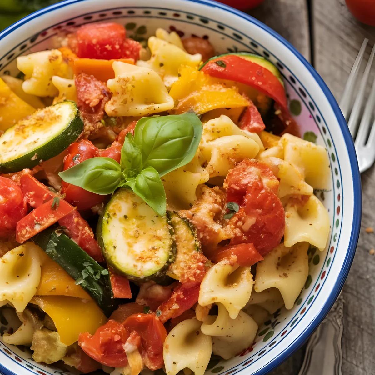 A vibrant bowl of vegan primavera pasta with mixed vegetables, garnished with basil, on a wooden table.