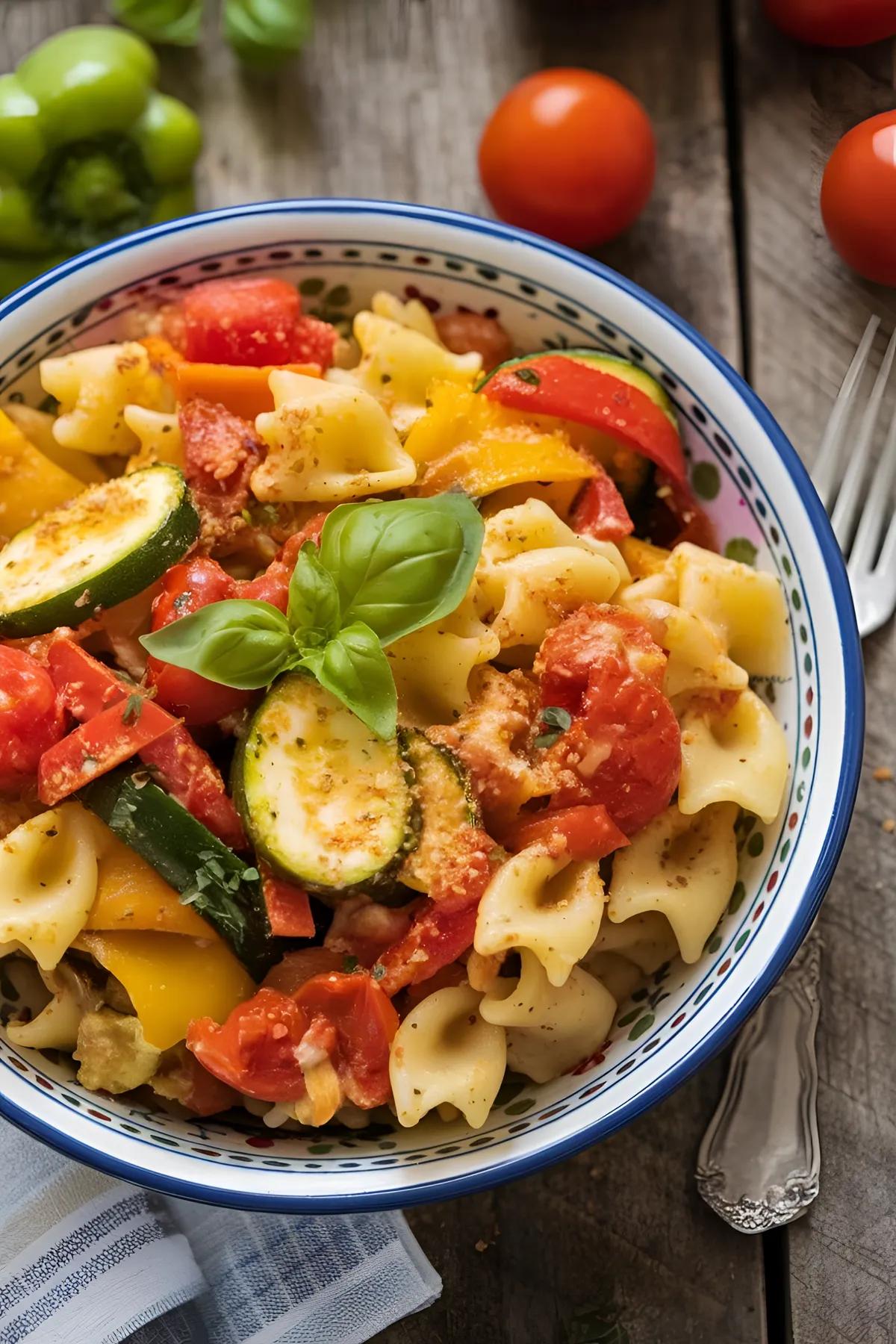 A vibrant bowl of vegan primavera pasta with mixed vegetables, garnished with basil, on a wooden table.