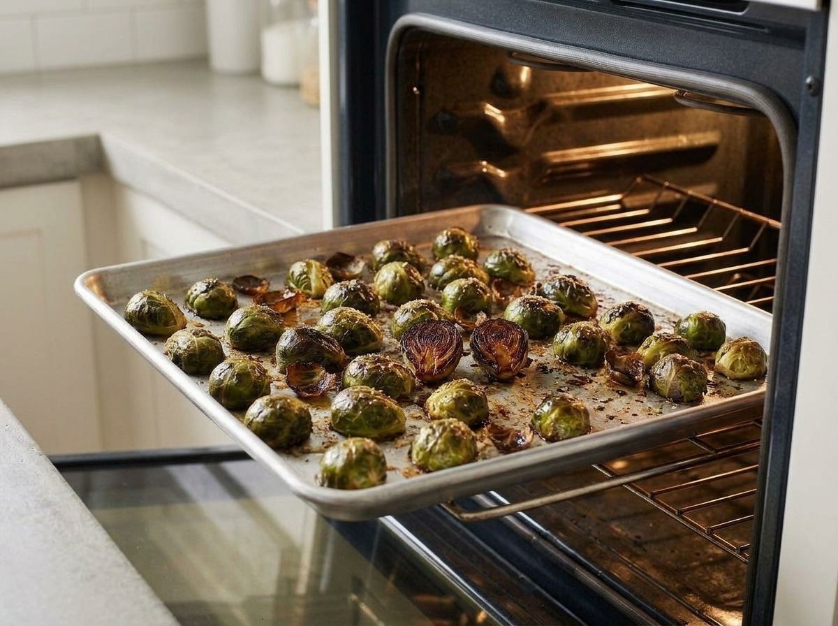 Roasted Brussels sprouts on the sheet in the oven, a few turned over to show deeply caramelized mahogany cut faces.