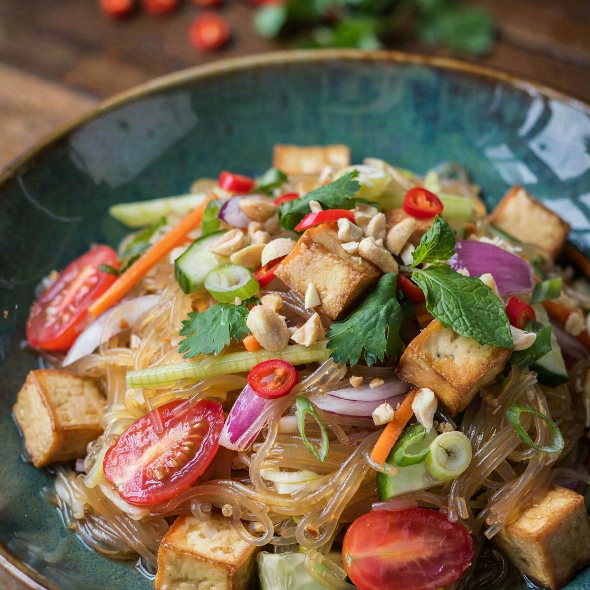 Thai noodle salad in a dark teal bowl, translucent glass noodles tossed with golden fried tofu, halved cherry tomatoes, red onion, cucumber and carrot, topped with cilantro, mint and crushed peanuts.