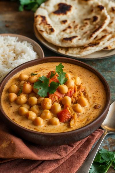 Creamy vegan coconut chickpea curry garnished with cilantro, served in a bowl.