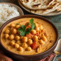 Creamy vegan coconut chickpea curry garnished with cilantro, served in a bowl.