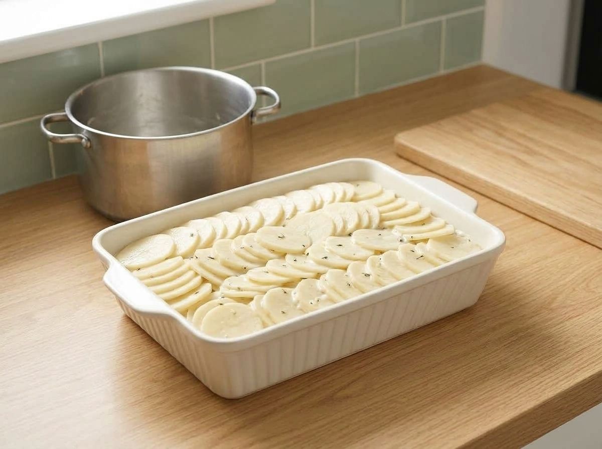 The potato and sauce mixture spread into the baking dish with the top slices lifted into overlapping rows.