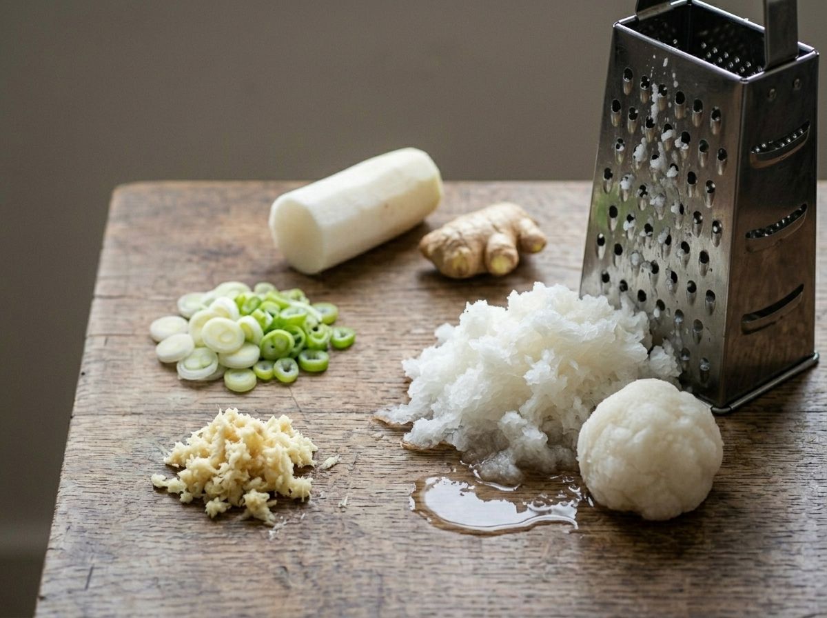Finely grated daikon, grated ginger and thinly sliced scallions on a worktop beside a box grater