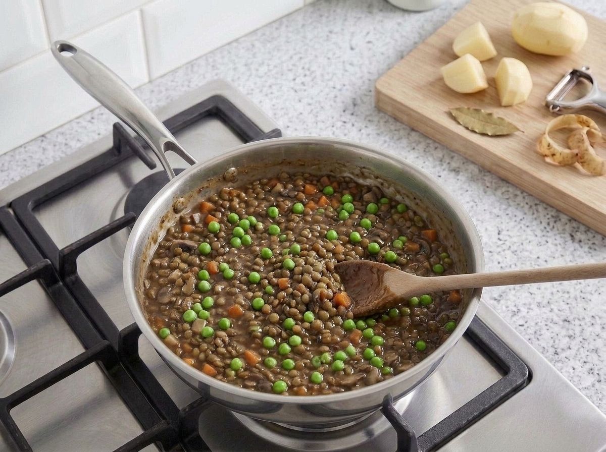 Bright green peas stirred through the thickened lentil filling off the heat, the bay leaf lifted out