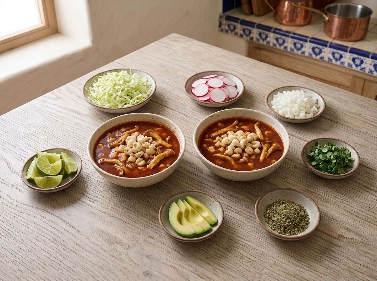 Two bowls of vegan pozole rojo surrounded by dishes of cabbage, radish, onion, cilantro, oregano, avocado and lime