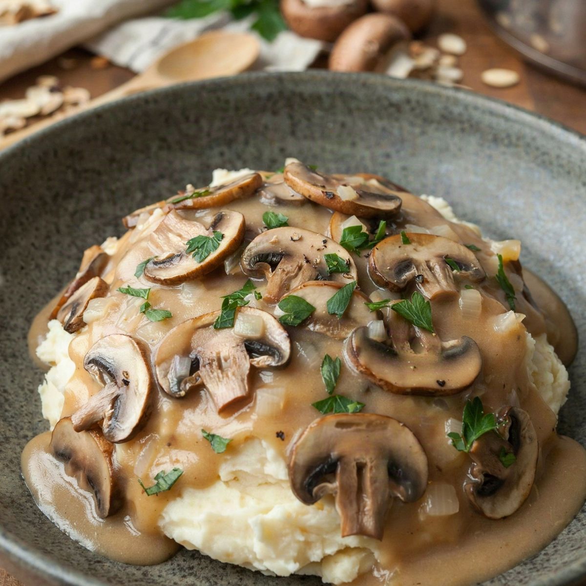 Vegan mushroom gravy ladled over creamy mashed potatoes in a speckled ceramic bowl, thick with browned mushroom slices and soft onion, scattered with chopped parsley.