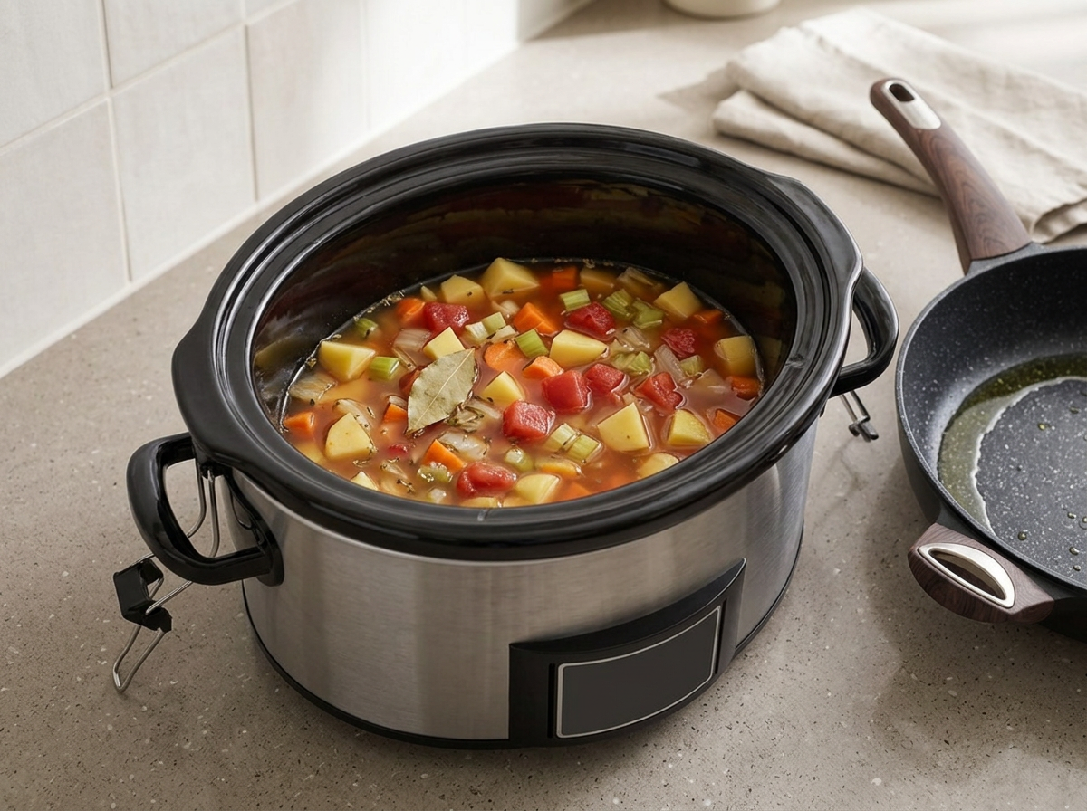 Diced potato, carrot, celery and tomato sitting in vegetable broth in an open slow cooker, a bay leaf floating on the surface, the pot filled to about three quarters