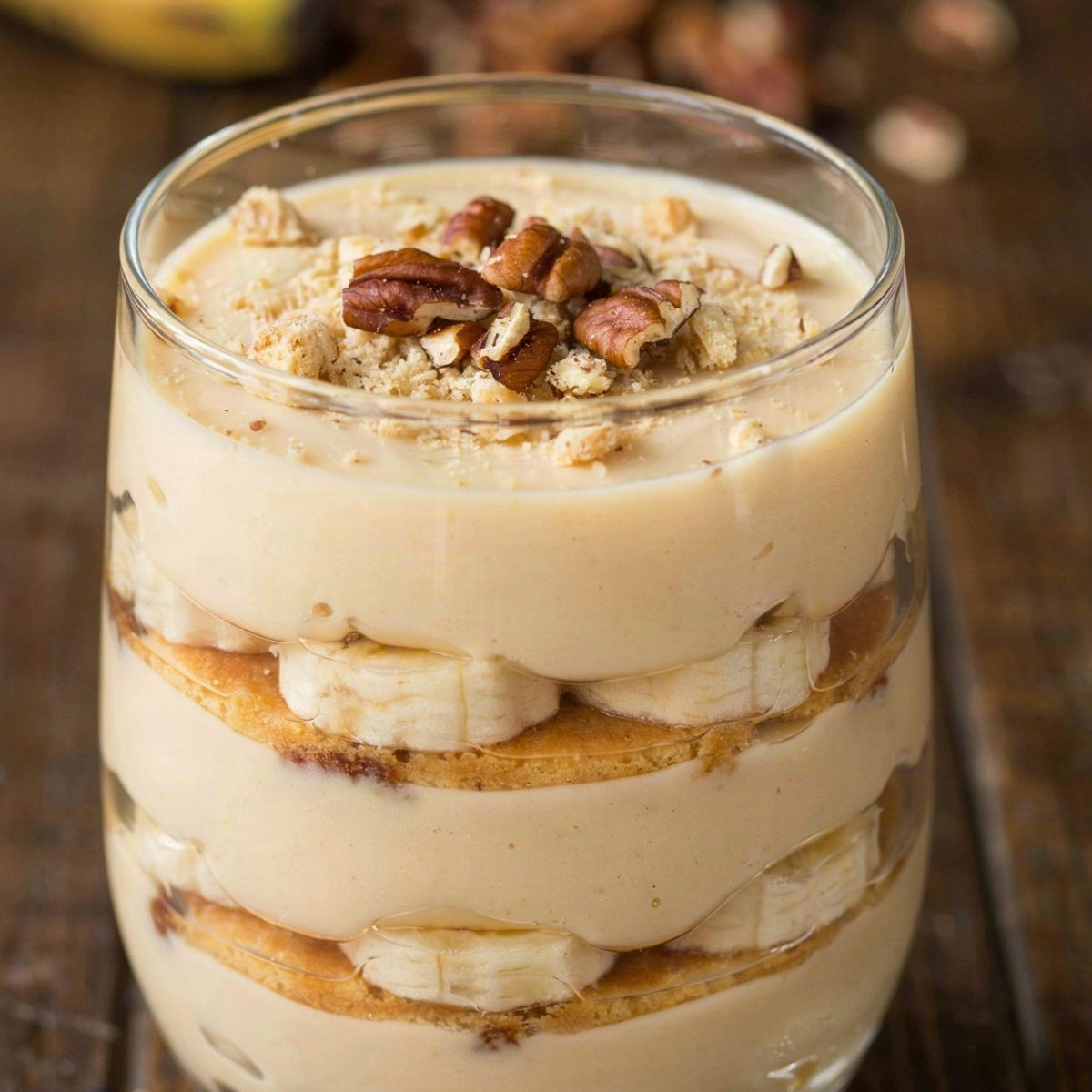 Vegan banana pudding layered in a glass, ivory pudding with banana slices and softened vanilla wafers under crushed wafers and toasted pecans