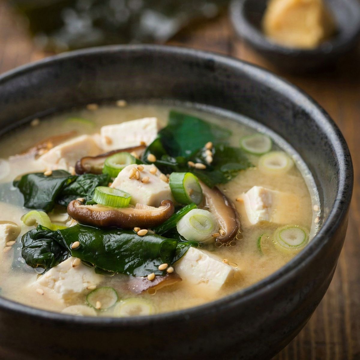 Vegan miso soup in a dark ceramic bowl, the broth cloudy and pale gold, with silken tofu cubes, deep green wakame ribbons, sliced shiitake, green onion rings and sesame seeds.