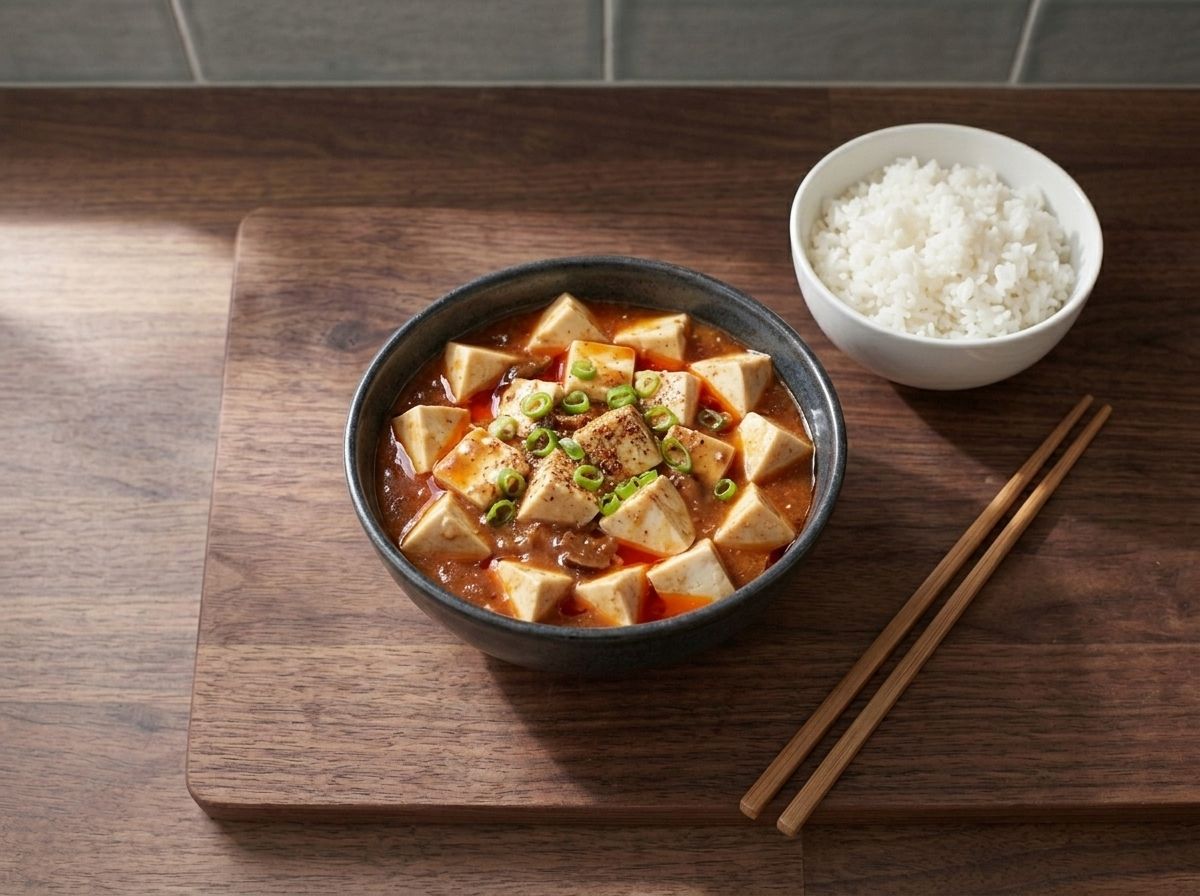 One serving of vegan mapo tofu in a small dark bowl, silken tofu in thick red Sichuan sauce topped with scallion, beside a bowl of plain steamed rice.