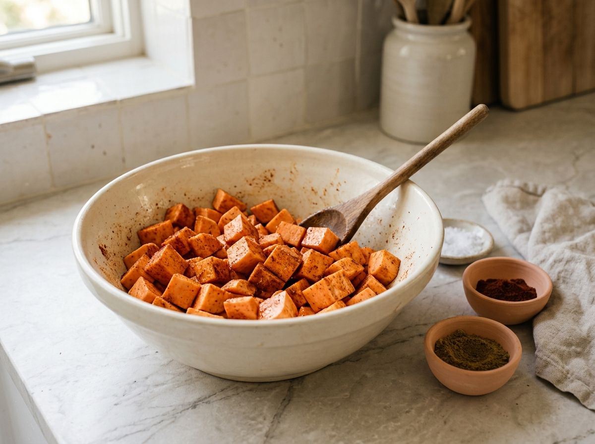 Diced raw sweet potato tossed in a bowl until every cube is coated in red spice