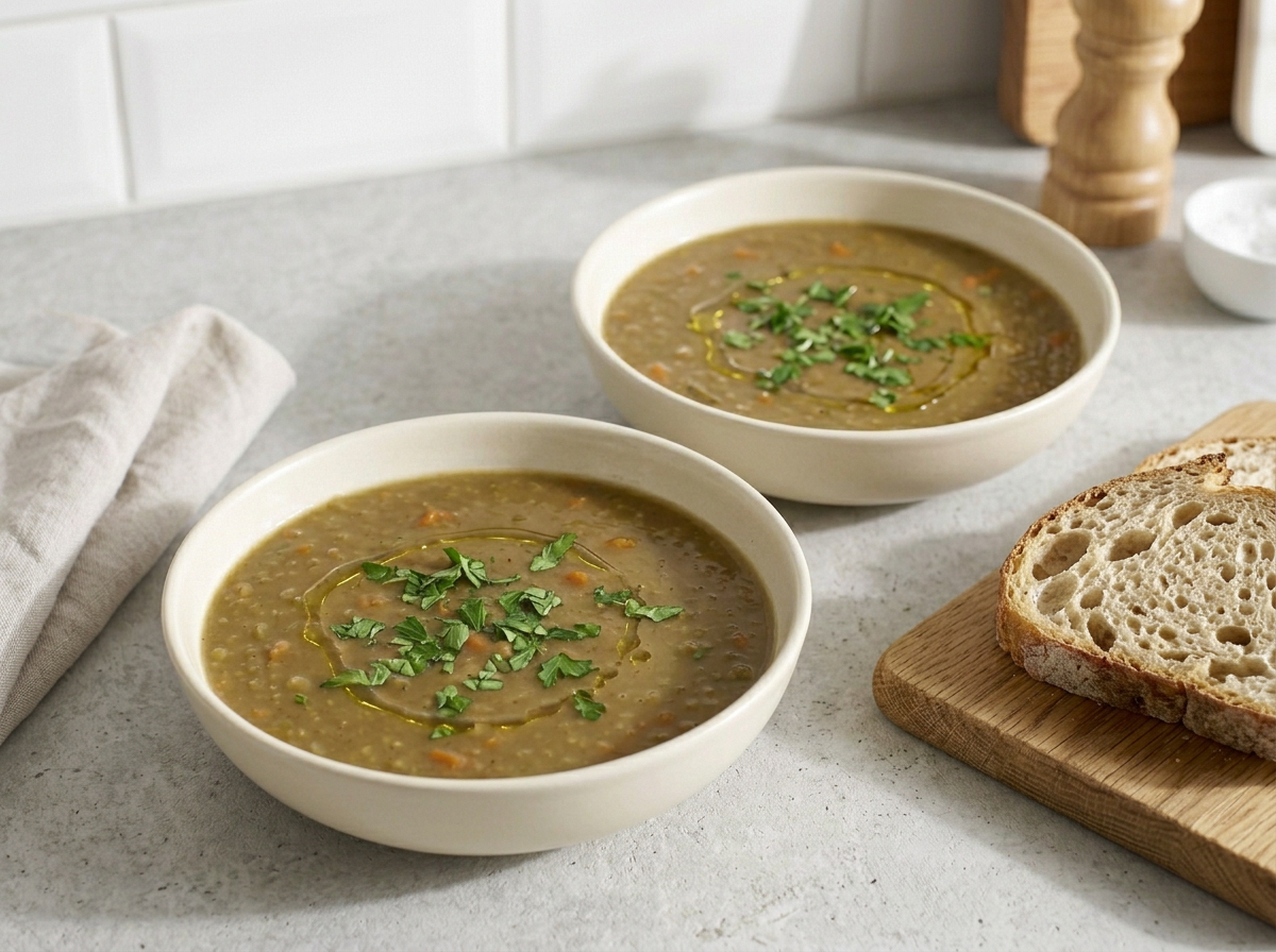 Two bowls of split pea soup scattered with parsley and drizzled with olive oil, served with crusty bread