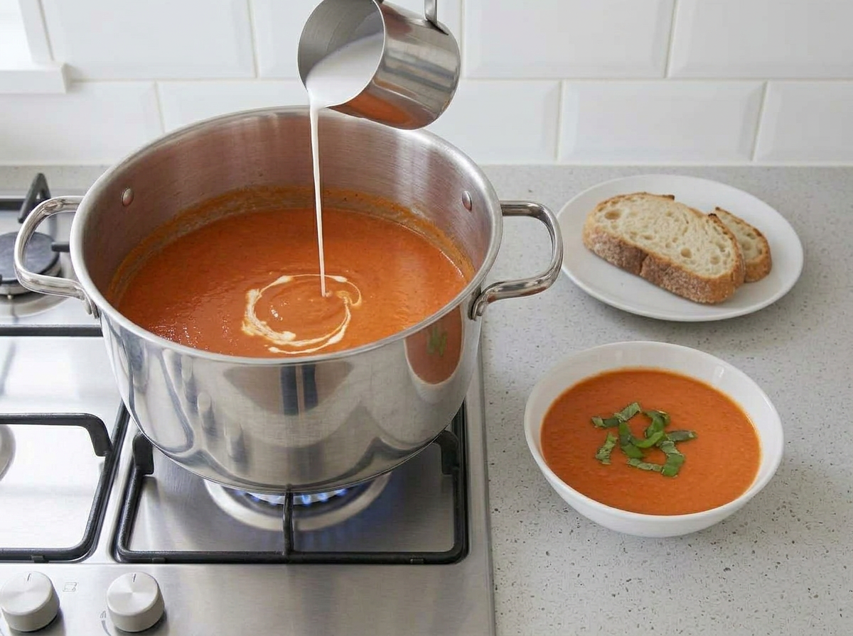 Coconut milk swirling into the smooth soup on the hob, beside a finished bowl with torn basil and bread
