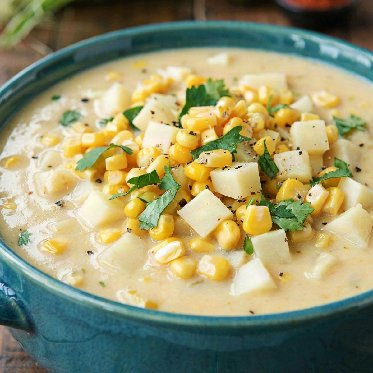 Vegan corn chowder in a teal bowl, thick and creamy with bright yellow corn kernels, diced potato, chopped cilantro and cracked black pepper.