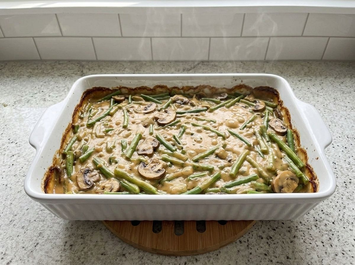 The green bean casserole baked until the sauce bubbles at the edges, before the topping goes on.