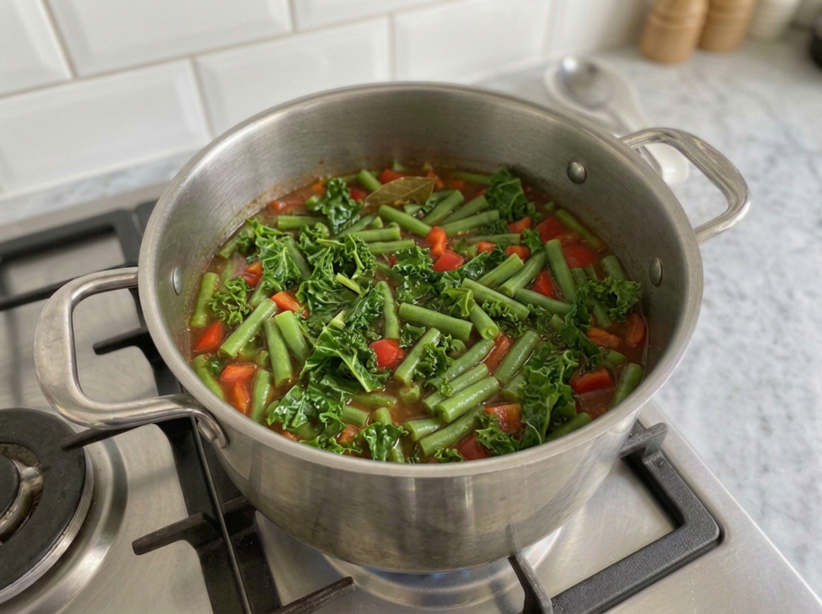 Chopped kale stirred into the soup and wilting down among the green beans and red pepper.