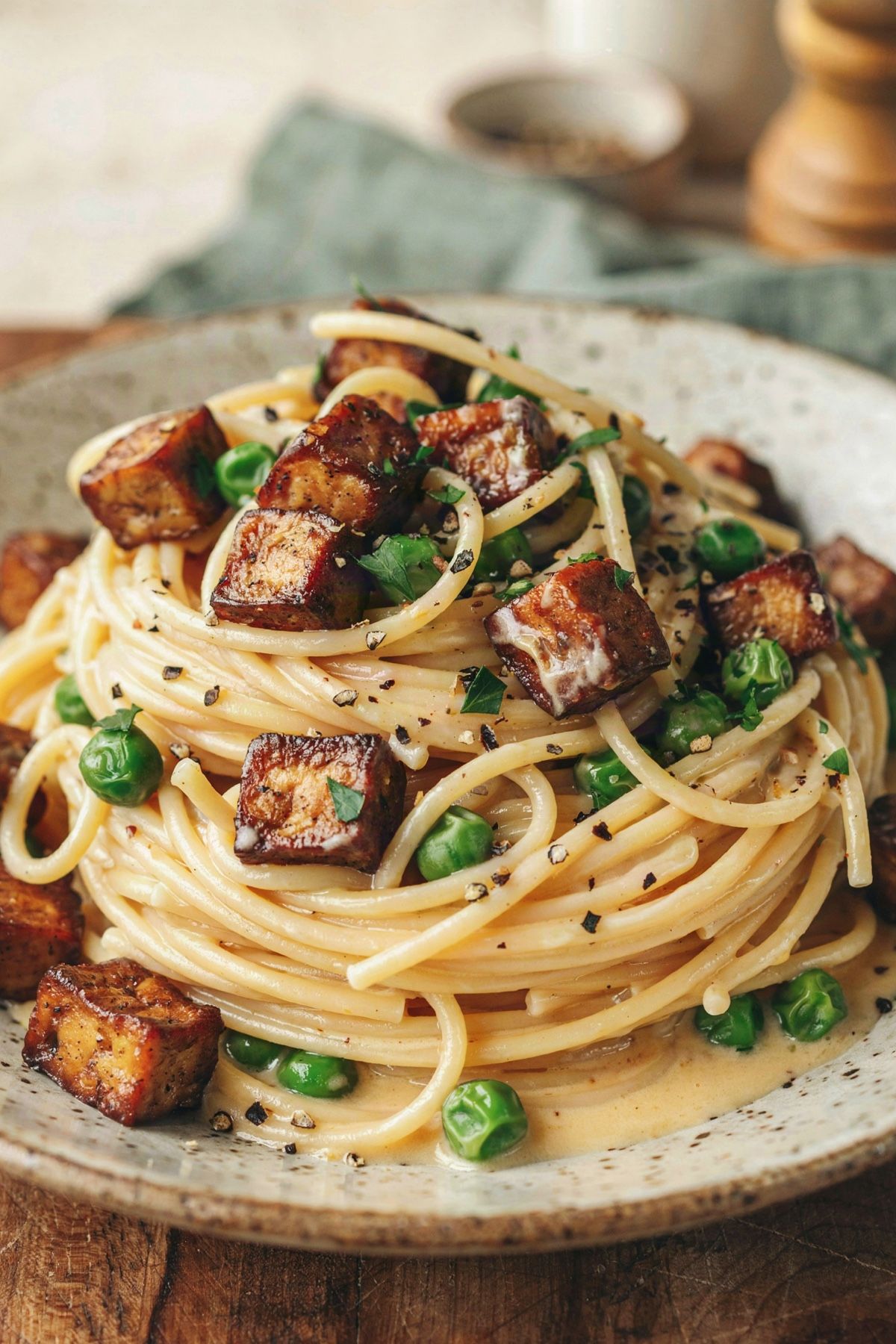 Creamy vegan spaghetti carbonara in a speckled ceramic bowl, pale golden cashew sauce coating the strands with bronzed cubes of smoked tofu, green peas, chopped parsley and coarsely cracked black pepper.