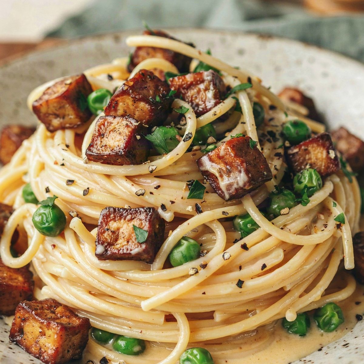 Creamy vegan spaghetti carbonara in a speckled ceramic bowl, pale golden cashew sauce coating the strands with bronzed cubes of smoked tofu, green peas, chopped parsley and coarsely cracked black pepper.