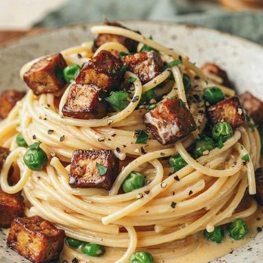Creamy vegan spaghetti carbonara in a speckled ceramic bowl, pale golden cashew sauce coating the strands with bronzed cubes of smoked tofu, green peas, chopped parsley and coarsely cracked black pepper.