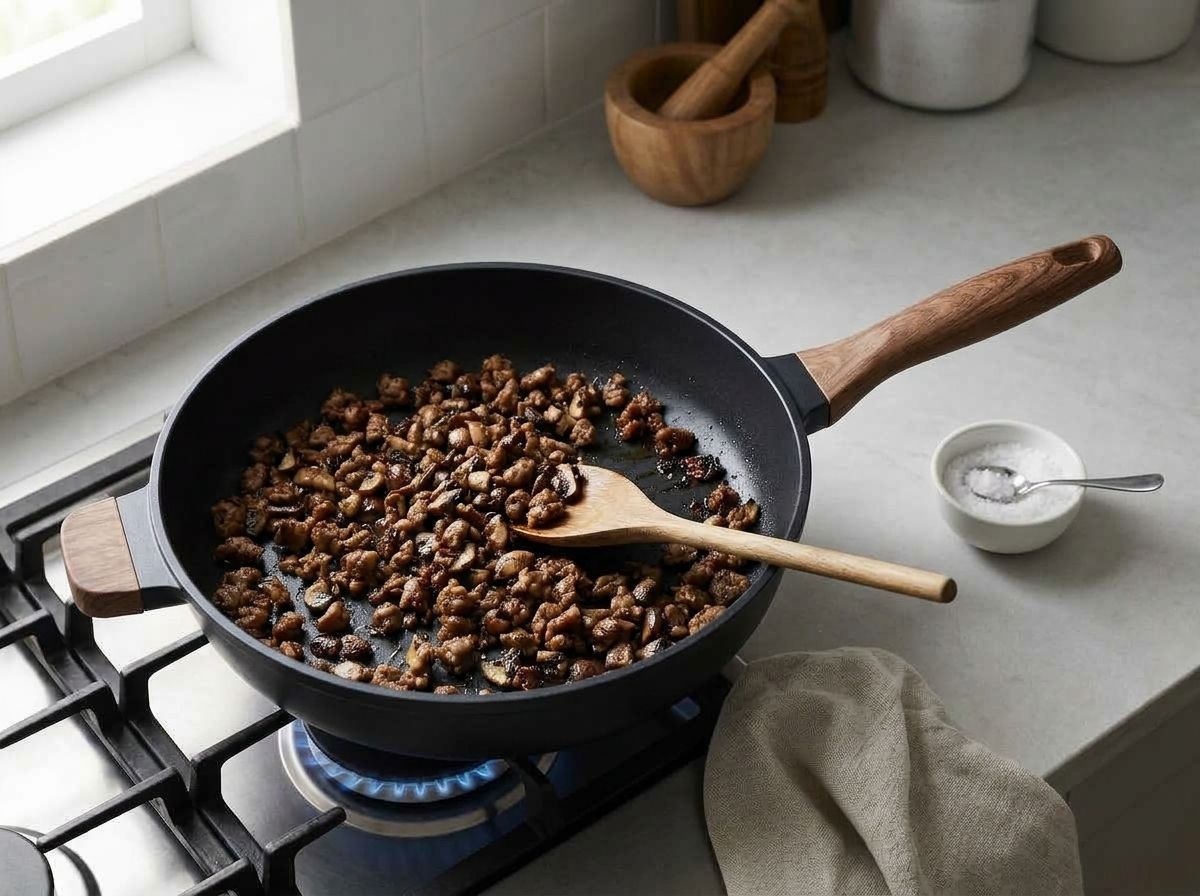 Chopped mushrooms browned deep chestnut brown in a wide black skillet, their liquid cooked off
