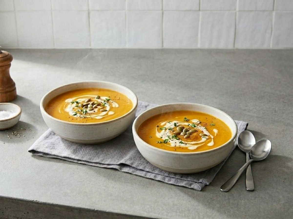 Two bowls of butternut squash soup topped with cream, pumpkin seeds and chopped parsley