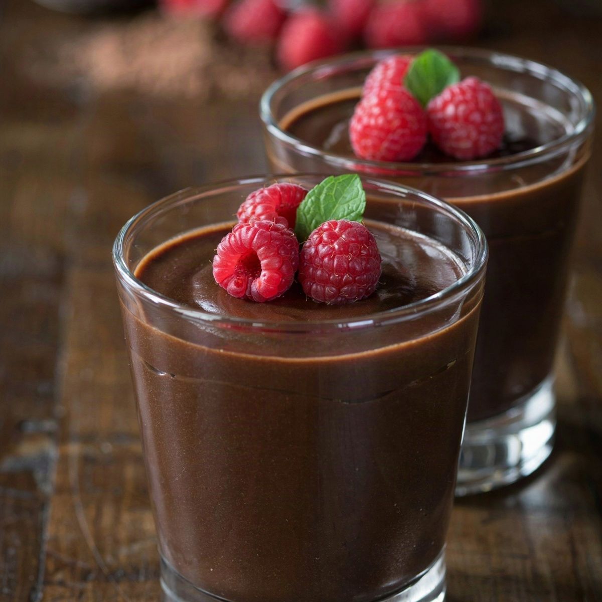 A small glass of dark chocolate mousse topped with fresh raspberries and a mint leaf, with a second glass behind it on a dark wooden table.