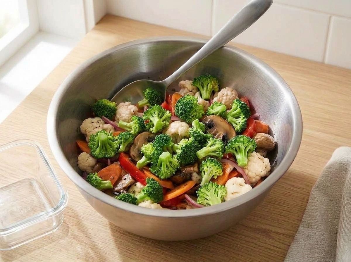 Bright green raw broccoli florets tossed into the marinated vegetables shortly before serving
