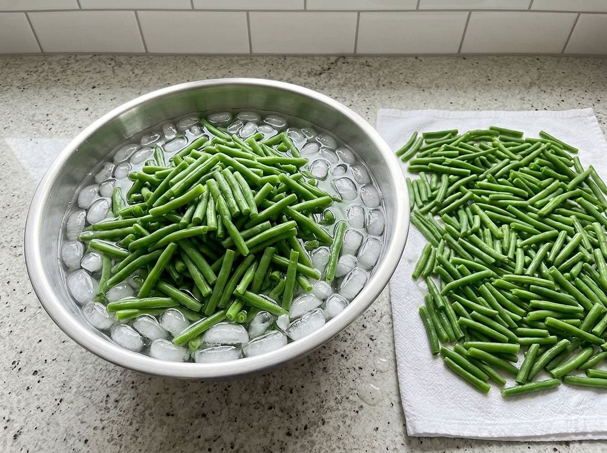 Blanched green beans cooling in a bowl of ice water, with more drying on a kitchen towel.