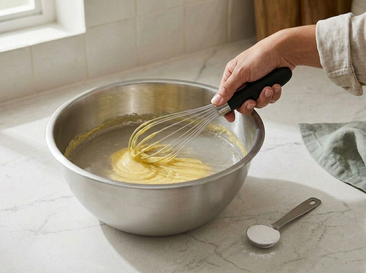 A hand whisking the rested chickpea batter back together after it separated into a watery layer above settled paste, a spoon of baking powder waiting alongside