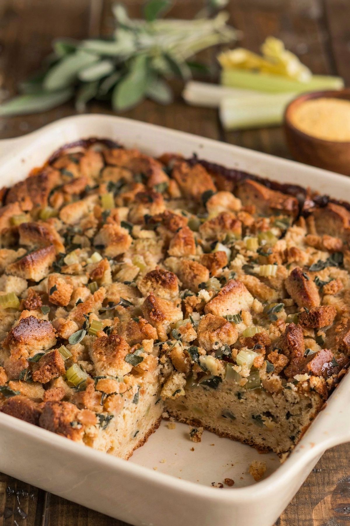 Vegan cornbread dressing in a cream stoneware baking dish, a golden brown top of toasted cornbread crumbs flecked with sage and celery, with one corner lifted out to show the dense moist crumb underneath.