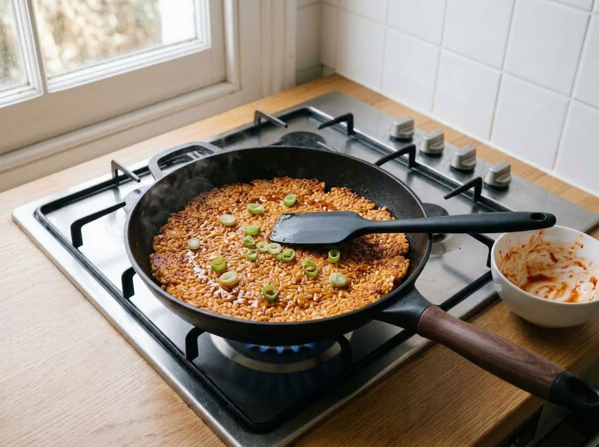 The rice pressed flat in the skillet to crisp on the bottom, with sesame oil and scallion greens just added.