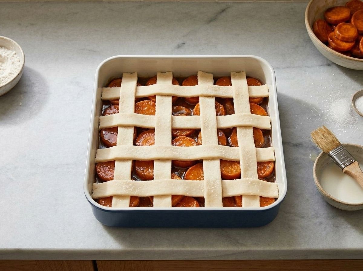 A loose lattice of raw pastry strips over the filled cobbler, brushed and sugared