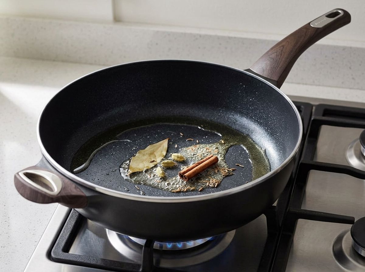 Bay leaf, cardamom pods, cinnamon stick and cumin seeds sizzling in hot oil in an empty black pan.