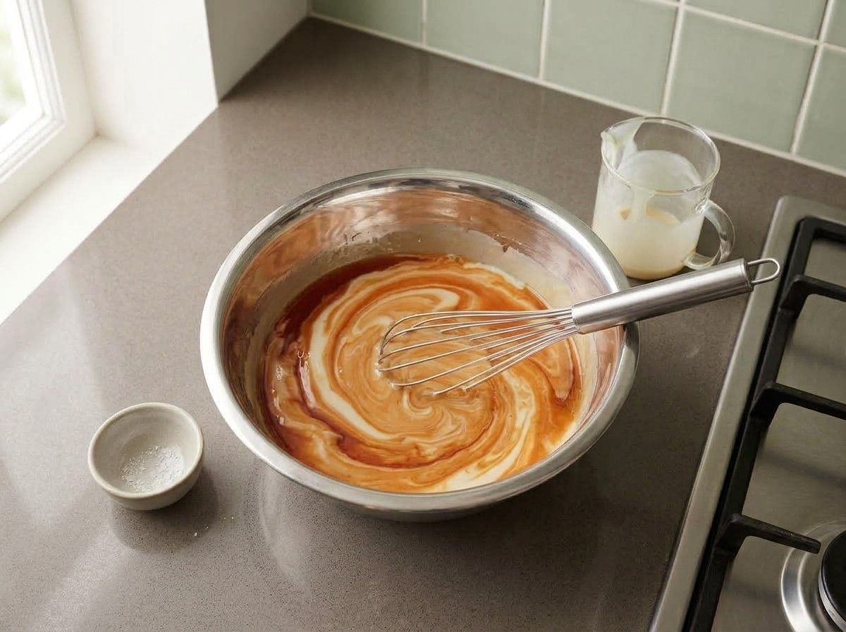Sweetened condensed milk being whisked into the hot strained tea, turning it creamy orange