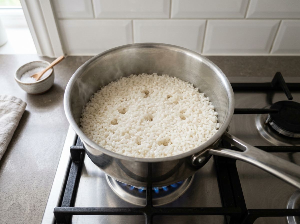 Freshly cooked short-grain rice resting in the saucepan, lid just lifted, steam rising from the plump grains.
