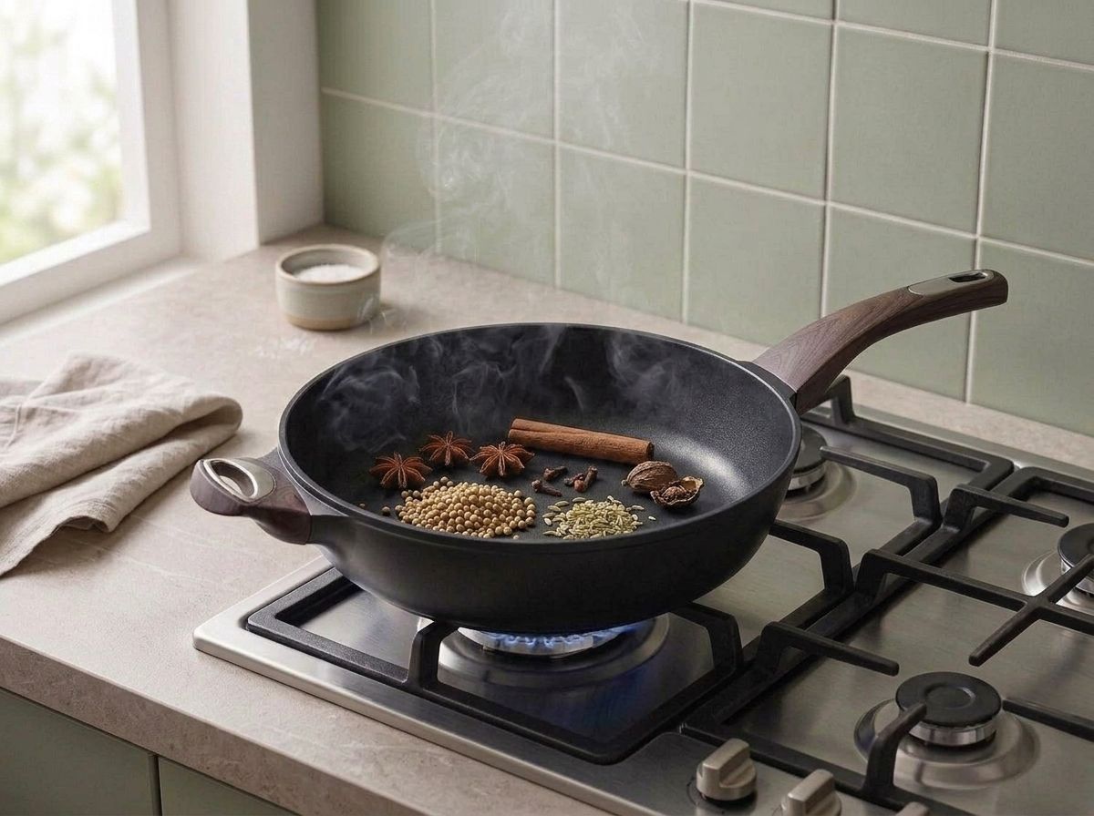 Star anise, cassia, cloves, coriander and fennel seeds toasting dry in a black skillet, smoke rising