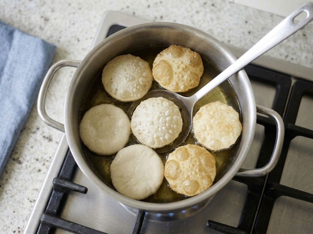 Rounds of dough in hot oil, some flat and some ballooning, one pressed under with a slotted spoon.