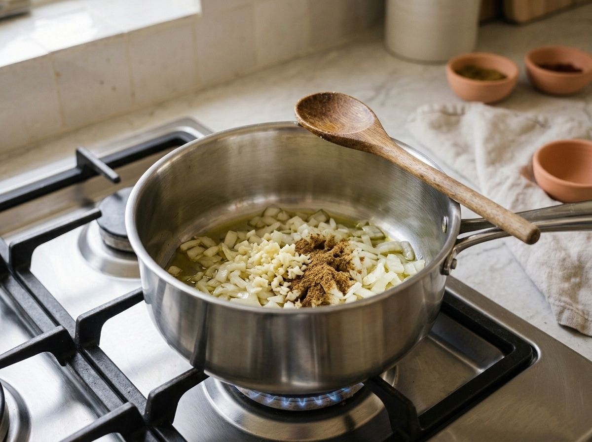 Chopped white onion softening in oil in a saucepan, with minced garlic and cumin just added on top