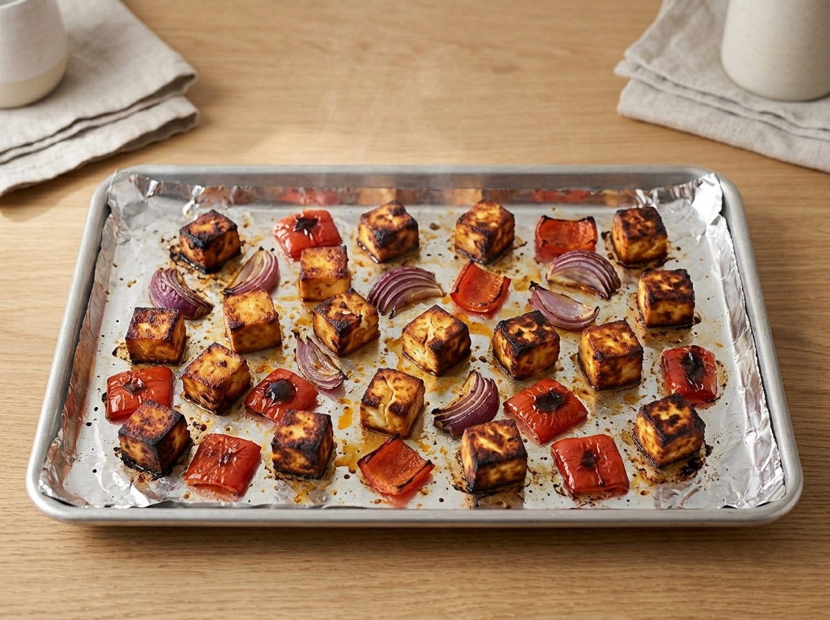 Marinated paneer, pepper and onion on a foil-lined baking sheet, charred in patches after broiling.